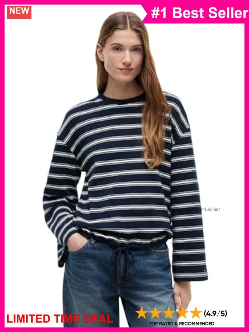 Long Sleeve Cotton Crewneck Graphic T-Shirt with Waist Tie
